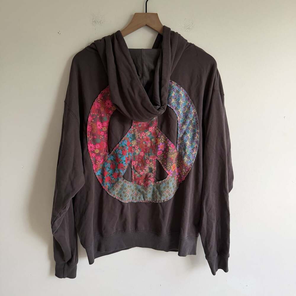 Natural Life Full Zip Hoodie Sweatshirt Peace Sign Sz L/XL Boho Embroidered Gray